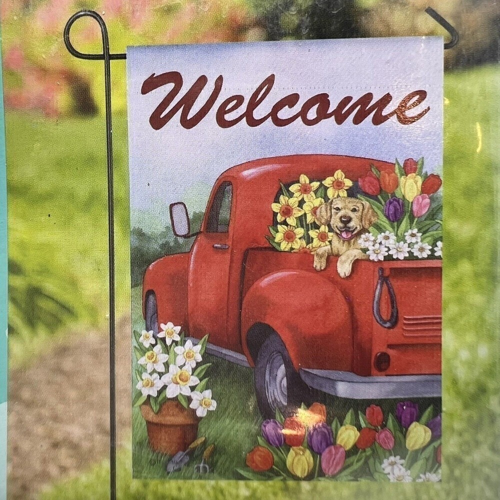 GARDEN FLAG  TULIP TRUCK DOG WELCOME NEW SPRING GARDEN FLAG